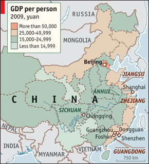 A map showing the GDP per person in China and the surrounding areas.