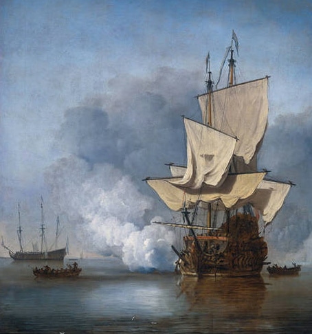 A painting of a merchant ship in the sea.