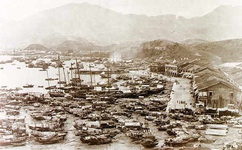 3 Yau Ma Tei waterfront; 1880s An old photo of a Chinese port with a fleet of boats