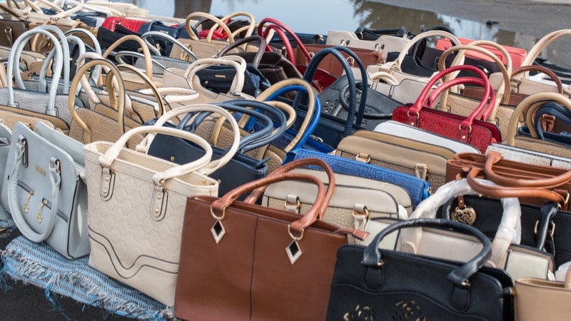 fake purses lined up in china to be sold