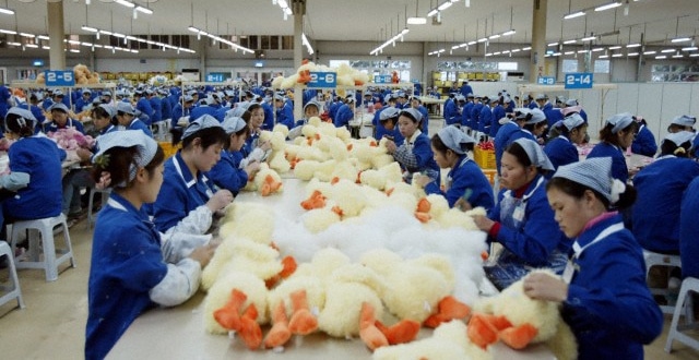 A group of Chinese people in a factory assembling stuffed toy ducks