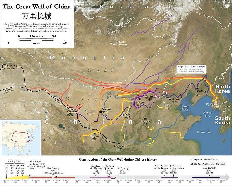 A map of the various parts of the Great Wall of China
