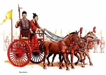 Chinese warriors on horse and buggy
