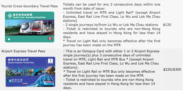 Hong Kong transportation tourist cross-boundary travel pass and airport express travel pass