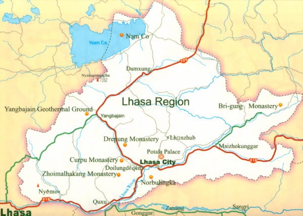 lhasa area map english hi-res detailed downloadable Tibet travel map (top tourist attractions, Lhasa, etc)