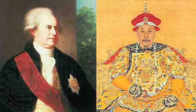 A painting of Lord Macartney and a paniting of a Qing emperor.