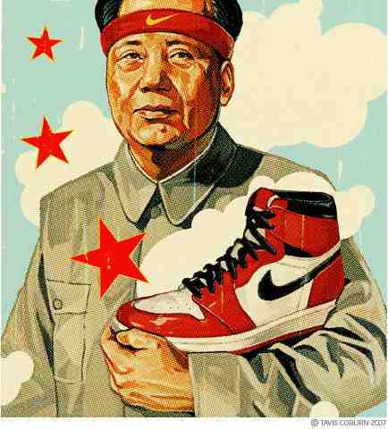 Portrait of China's Mao ZeDong holding a fake Nike shoe