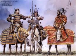 A painting of Mongol warriors on horses