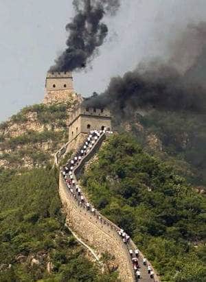 Beacon fires on the Great Wall of China