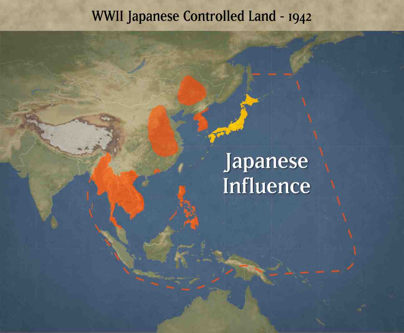 A map of the Japanese controlled land in 1942 during WWII